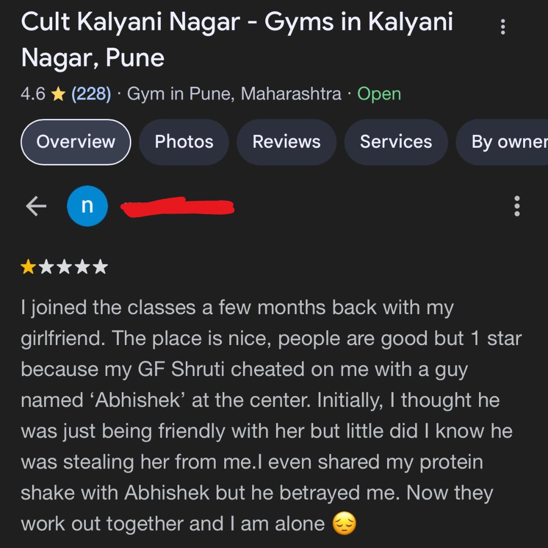 king26_sk's tweet photo. was looking for a good gym in my area and saw this review 😭 https://t.co/L7lnNZ38eO