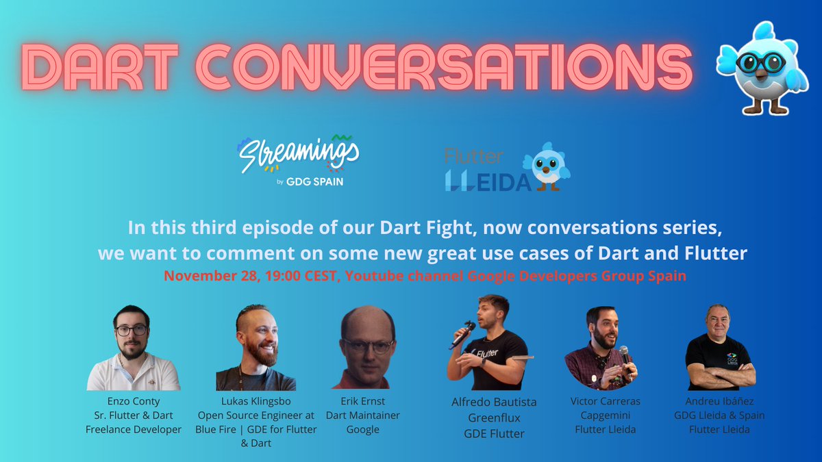 Today at 19:00 CET I'll produce live the third episode of #DartConversations streaming in Youtube, with great experts on #Dart and #Flutter , RSVP your seat at <a href="/googledevs/">Google for Developers</a> event platform gdg.community.dev/events/details…  <a href="/nlycskn/">Nilay Coskun</a> <a href="/alfredobs97/">Alfredo Bautista 💙</a> <a href="/FlutterLleida/">FlutterLleida</a> <a href="/vicajilau/">Victor</a> <a href="/Vertigo87/">Katya Vinnichenko</a>