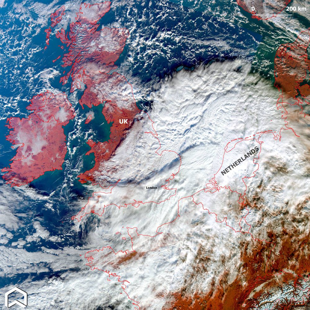 The #StormConall hitting #Uk and #Netherland as seen by #Copernicus #Sentinel3 on Nov. 27th (image in false colors). 
The severe storm - the second of the season - brought heavy rains in Southern #England with #floods and travel disruption. 
#Conall <a href="/whoebert/">Ir. Willemijn Hoebert</a> <a href="/eumetsat/">EUMETSAT</a>