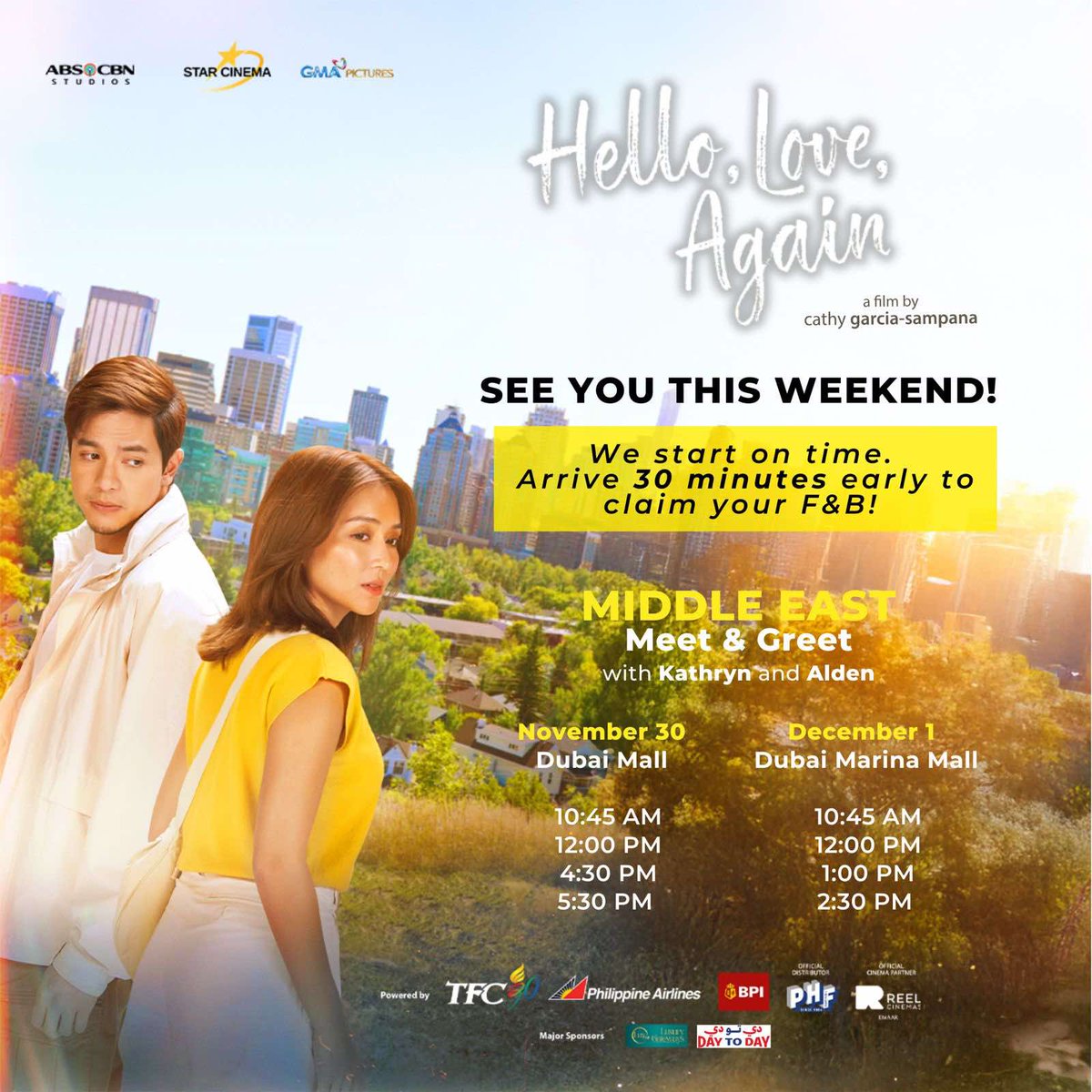 gmanews's tweet photo. Joy and Ethan are coming this weekend na! 💛 Reminder to all our Meet & Greet ticket holders to arrive at least 30 MINUTES before your screening time! ⏰🎬🍿

See you at the Reel Cinemas Dubai Mall on November 30 and Dubai Marina Mall on December 1! 

 #TFC #HelloLoveAgain #MiddleEastPremiere #KathrynBernardo #AldenRichards #ReelCinemas