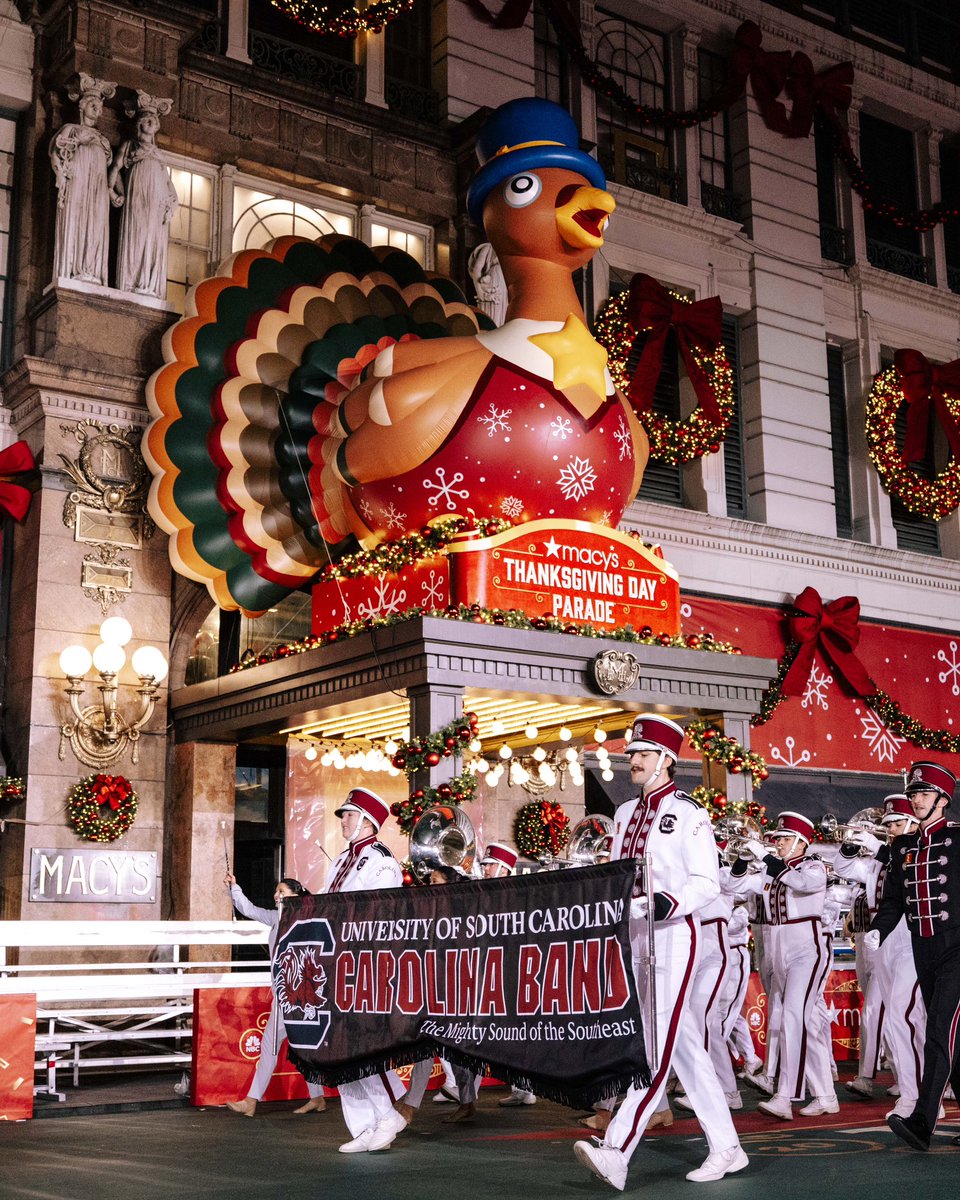 Marching to the beat of Gamecock pride at the <a href="/Macys/">Macy's</a> Thanksgiving Day Parade! 

Catch <a href="/TheCarolinaBand/">The Carolina Bands</a> on Herald Square around 11:10 a.m. They march after the Smokey Bear balloon and before the Peanuts float and Snoopy balloon. 🎈🥁