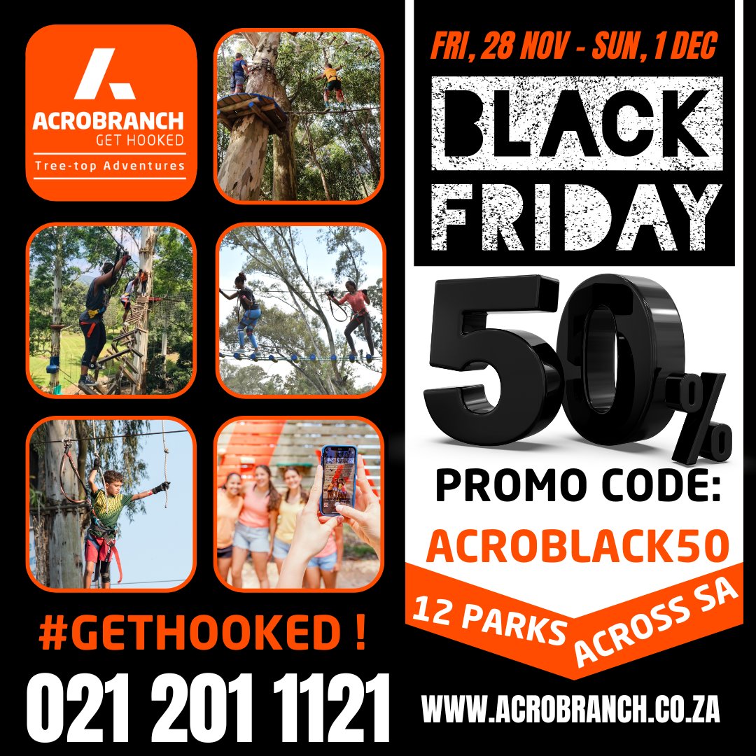 Black Friday, Acro-Style! 
Skip the stores &amp; swing ‘til you smile! 🌳 Get 50% OFF all tree-top adventures with promo code AcroBlack50 this weekend ONLY (29 Nov - 1 Dec)! 🦸‍♀️💥

Climb to new heights &amp; save big! Don’t miss out! 💚 #AcroBlack50 #BlackFridayAdventure #TreeTopFun