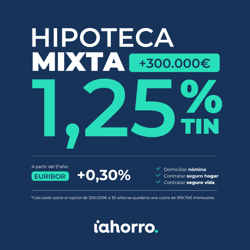 iahorro's tweet photo. ¡Haz realidad tu hogar con nuestra Hipoteca Mixta! 🏠

🔹 TIN: 1,25%
🔹 A partir del 5º año: Euribor + 0,30%
🔹 Domicilia tu nómina y contrata seguros de vida y hogar

¡Da el siguiente paso hacia tu hogar soñado! ✨