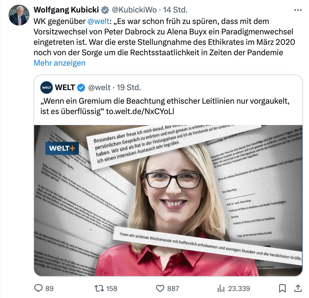 Sehr geehrter Herr Vizepräsident des Deutschen Bundestages,

erlauben Sie mir einige Einordnungen aus meiner Sicht zu Ihrer These „mit dem Vorsitzwechsel“ im <a href="/ethikrat/">Deutscher Ethikrat</a> von mir zu <a href="/alena_buyx/">Alena Buyx</a> sei „ein Paradigmenwechsel eingetreten.“ Sie begründen dies mit „politische[r]