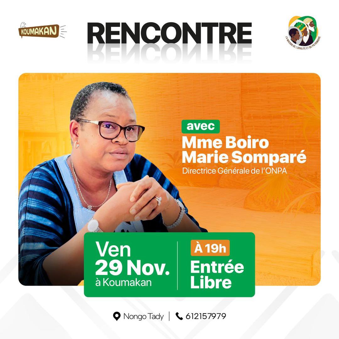 L’ONPA a le plaisir de vous inviter à une rencontre avec Mme Boiro Marie Somparé, Directrice Générale de ladite institution, ce vendredi 29 novembre 2024, à Koumakan, à 19h00.

#ONPA #ArtisanatGuinéen #MCTA #Créativité #NousSommesArtisans #Guinée