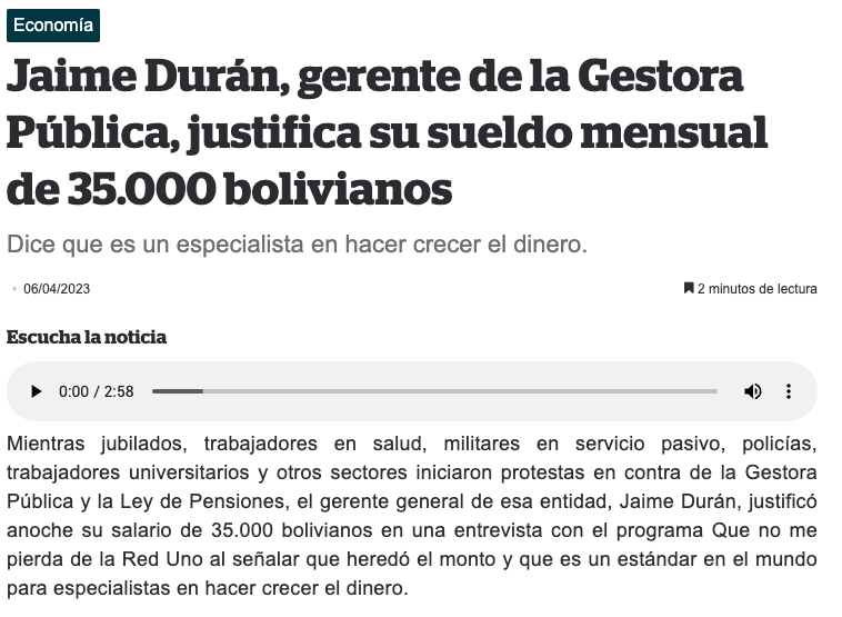 La gestora dejará de pagarle 350 pesos a jubilados que siguen trabajando no por diversión, sino por necesidad, mientras su gerente masista <a href="/Jaime_Duran/">Jaime Duran Chuquimia</a> seguirá cómodo, ganando 35 mil bolivianos todos los meses. Esa es la doble moral del MAS a la que tenemos que poner fin ya.