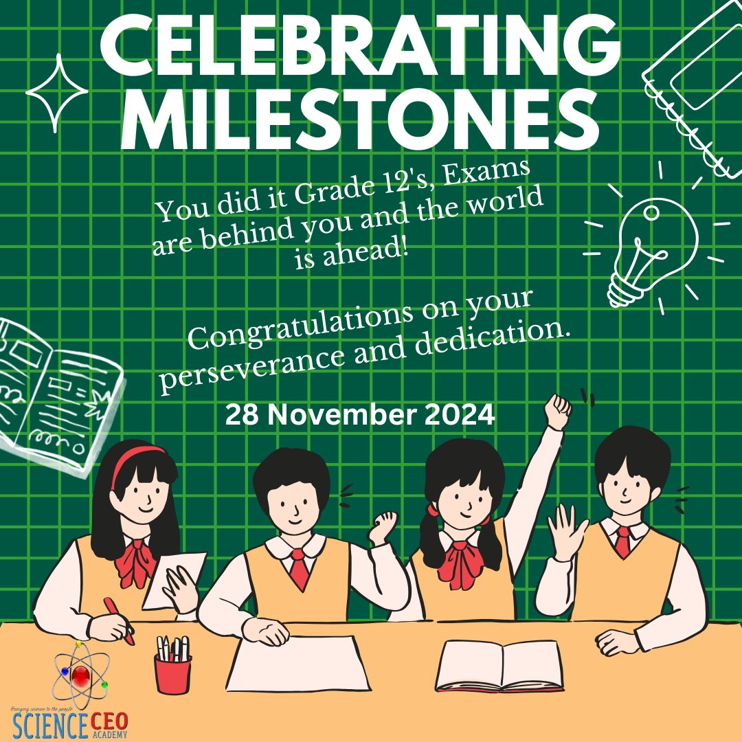 scienceceoacade's tweet image. Exams might be over, but your journey to success has just begun!

#nscexams2024 #finalexam #scienceceoacademy #education #stemeducation #DBE #kzneducation