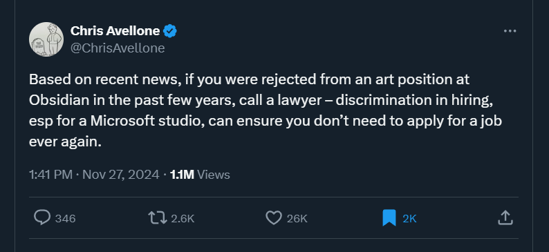 LegacyKillaHD's tweet image. Chris Avellone, former Obsidian Co-Founder &amp;amp; Lead Dev on games like KOTOR 2 &amp;amp; Fallout New Vegas with some massive allegations...  

- Director of FNV/Pillars 1&amp;amp;2 wont work on Avowed
- Director responsible for negative culture
- Obsidian &amp;amp; BioWare engaged in discriminatory hiring