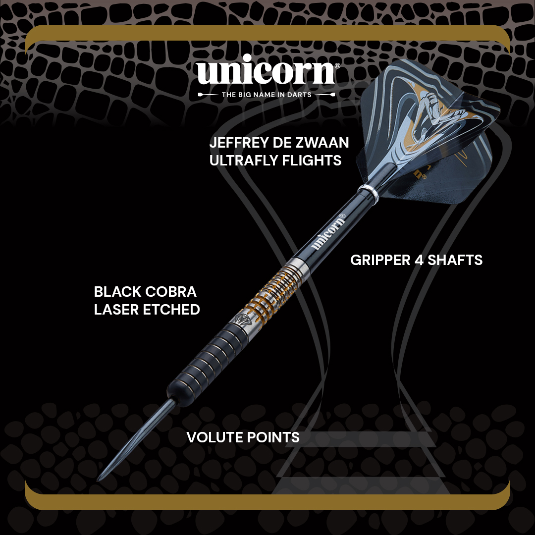New <a href="/BlackCobra180/">Jeffrey de Zwaan</a> Phase 3 Darts! 🎯

Jeffrey's Phase 3 darts are stunning Two-Tone black and gold titanium coated barrels, with milled vertical cuts for increased grip! 💪

The 23g Barrel is 90% Tungsten and the 25g barrel is 95%, and both also include the incredible Black Cobra