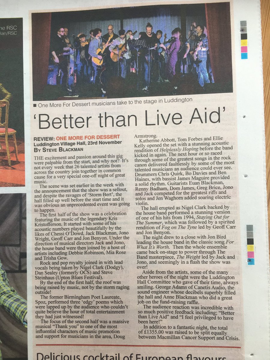 Thanks <a href="/HeraldNewspaper/">Stratford Herald</a> for this ace review of One More For Dessert, our music night raising money for Macmillan Cancer Support and Crisis x