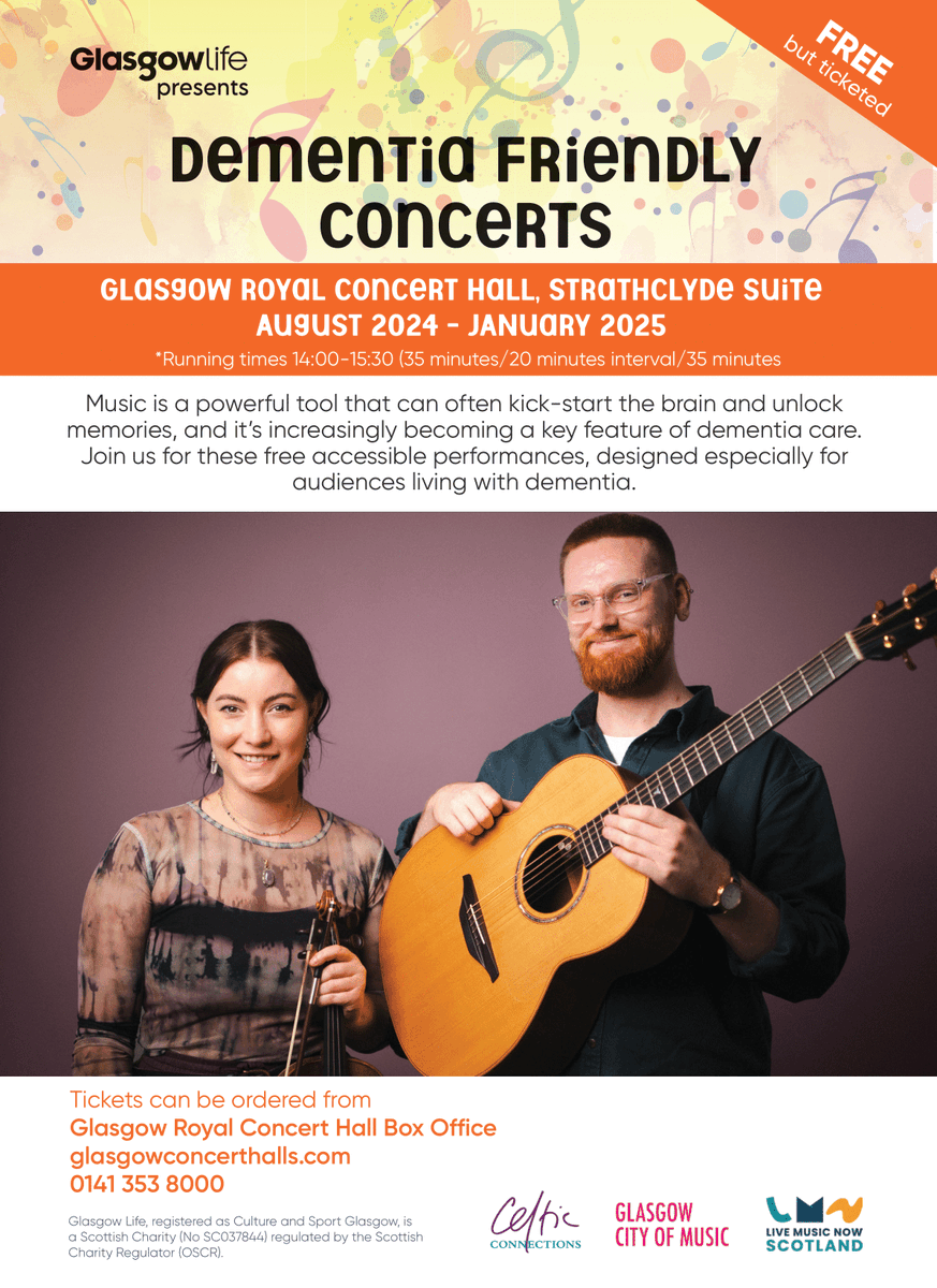 dixon_south's tweet photo. Do you care for someone with dementia?

@GlasgowLife is holding free dementia-friendly concerts each month at Glasgow Royal Concert Hall. Music has been shown to be hugely beneficial in dementia care. 

Book tickets by calling 0141 353 8000 https://t.co/81HJ2OihLE