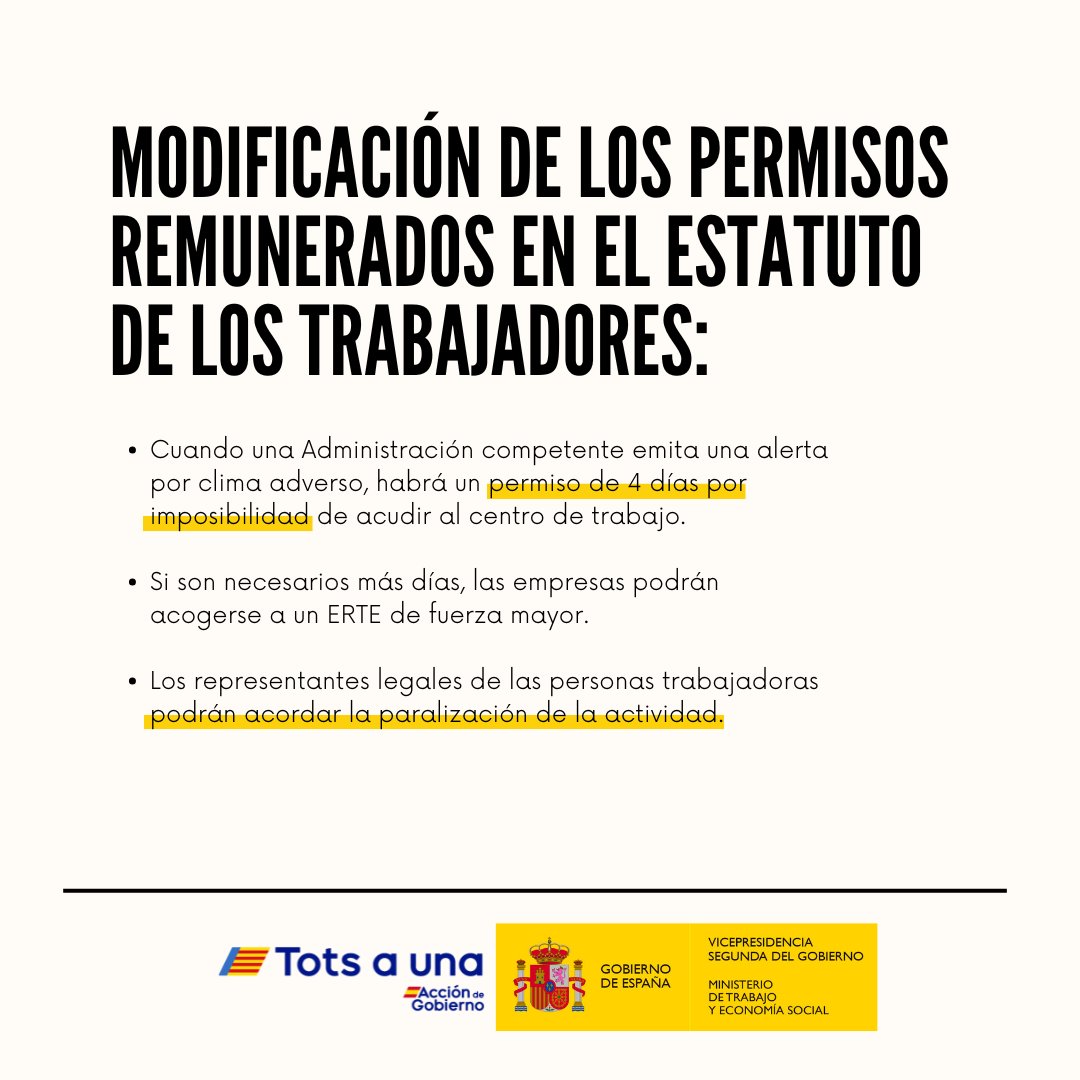 empleogob's tweet photo. Se añaden los permisos remunerados en el Estatuto de los Trabajadores:

🔹4 días si no se puede acudir al centro de trabajo prorrogables hasta que desaparezcan las circunstancias.

‼️ Los representantes de las personas trabajadoras podrán acordar la paralización de la actividad https://t.co/3WqYWHFhf8