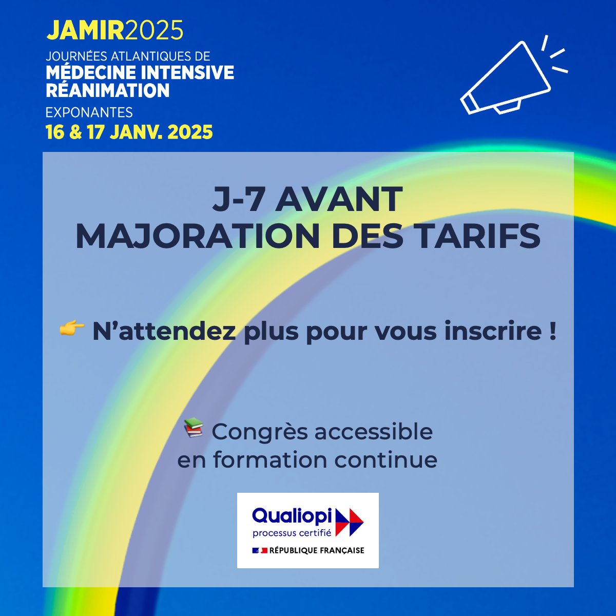 JAMIR (@jamir_nantes) on Twitter photo 📣 J-7 AVANT MAJORATION DES TARIFS !
📌 Majoration effective le 16 décembre 2024.
Inscriptions 👉 jamir.fr/inscription/
🗓️ Programme : jamir.fr/programme/
📚 Formation continue : polyvalence.org
#jamir #medecineintensive #reanimation
@JBLascarrou
<a href="/dremcanet/">Emmanuel Canet</a> 📣 J-7 AVANT MAJORATION DES TARIFS !
📌 Majoration effective le 16 décembre 2024.
Inscriptions 👉 jamir.fr/inscription/
🗓️ Programme : jamir.fr/programme/
📚 Formation continue : polyvalence.org
#jamir #medecineintensive #reanimation
@JBLascarrou
<a href="/dremcanet/">Emmanuel Canet</a>