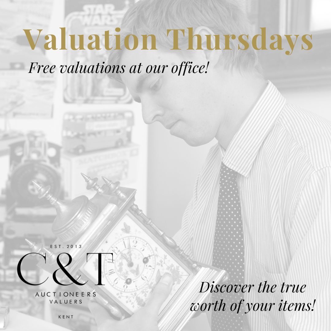 Contact our office to book your slot on an upcoming Thursday with a specialist valuer! 
{Tel: +44 (0)1233 510050} {Email: enquiries@candtauctions.co.uk}

What can our specialists value? 
Militaria / Toys / Dolls / Pop Culture / Coins &amp; Banknotes / Watches, Silver &amp; Jewellery