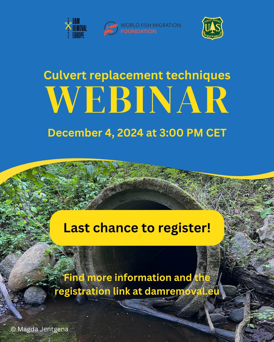 🚨 Last chance to register! Secure your spot in next week's #webinar by registering here: damremoval.eu/culvert-webina…

 🗓️ December 4 2024 at 3:00 PM CET on Zoom

Join us and top experts from both sides of the Atlantic for a two-hour online event on #culvert replacement techniques.