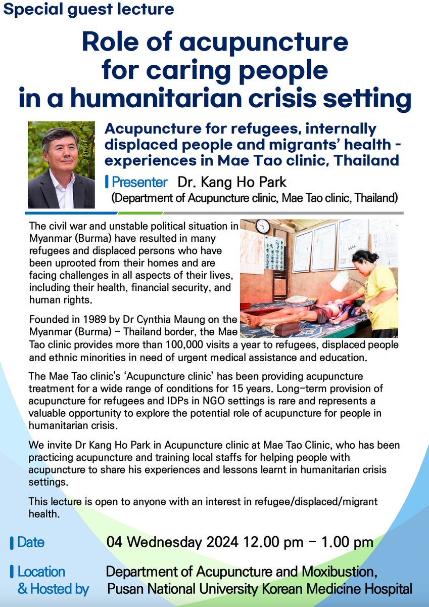 pdchrist's tweet photo. We are honoured to invite Dr. Kang Ho Park, a long-term volunteer who has been providing acupuncture treatment to refugees and displaced people at the Mae Tao Clinic (@Mae_Tao_Clinic) in Thailand for over 10 years. https://t.co/caifETAk2S