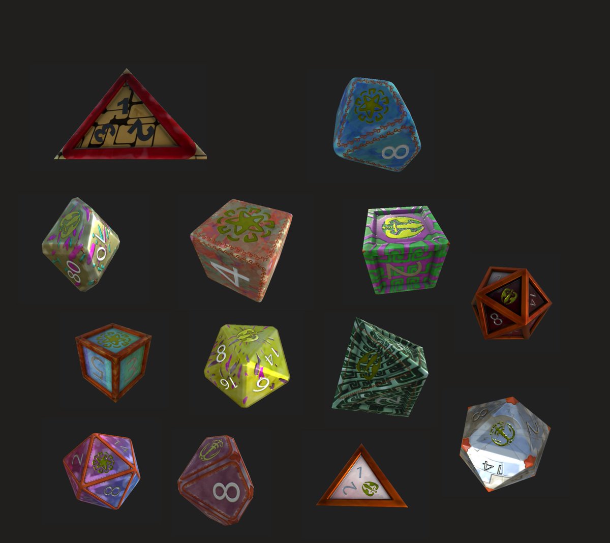 Test run of our collectible digital dice! 🎲✨ These are pure random variations, but we can tune them as well. We’re still tweaking the parameters.

What styles would you like to see? The possibilities are endless.

#dice #wip #gamedev #digitalart #dicegoblin #rpg