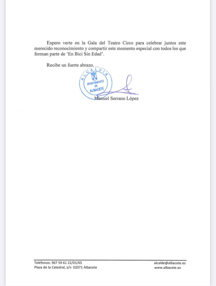 SEMGCLM's tweet photo. En la carta que ayer envió el Alcalde de Albacete, Manuel Serrano, a 'En bici sin edad' de Albacete, por su merecido Premio en el Día de la Discapacidad, destaca el apoyo de SEMG CLM y SCMGG 🙌🏻👏🏻🚲🥼 @Selopezmanuel @EBSEAlbacete @salmeronSCMGG https://t.co/xglbP6lGf0