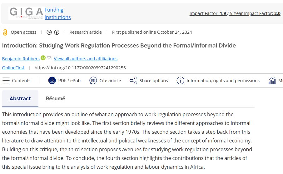 1⃣Benjamin Rubbers, the guest editor for the special issue, introduces it by outlining an ethnographic approach to studying work regulation in Africa that transcends the long-dominating formal/informal divide in labour studies.

➡️doi.org/10.1177/000203…