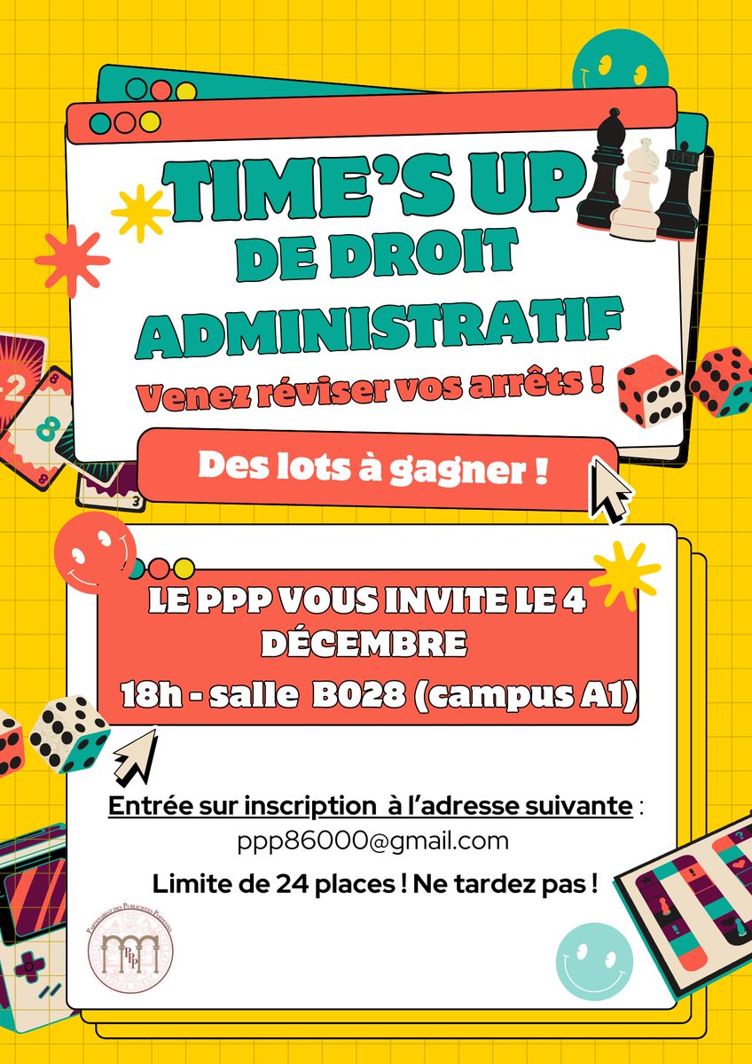 [#évènement]  Le PPP est ravi de vous inviter, mercredi 4 décembre prochain en salle  B028 (A1), à sa nouvelle édition du Time's up de droit administratif ✨!  N'oubliez pas de vous inscrire, les places sont limitées (ppp86000@gmail.com)  A très bientôt !