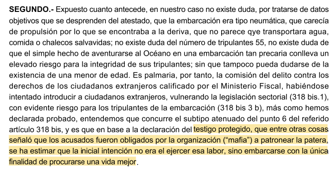 ESTUDIO PATERAS. La ONU dice que en Canarias muchos de los acusados de patronear pateras son personas vulnerables sujetas a "criminalidad forzada". Lo confirman Sentencias como ésta, que condena a quien la mafia obligó a patronear. Y a la que la Fiscalía pedía 8 años. 🤦‍♂️