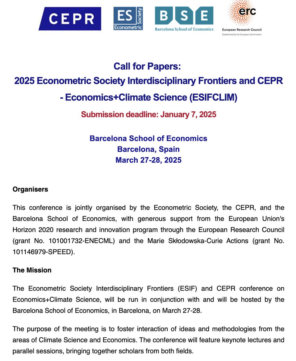 Bruno Conte (@brunoconteleite) on Twitter photo 🚨 CLIMATE CONFERENCE: together with <a href="/cepr_org/">CEPR</a>, <a href="/econometricsoc/">The Econometric Society</a>, we at <a href="/bse_barcelona/">Barcelona School of Economics</a> are organizing the Economics+Climate Science conference at Barcelona (March 27-28). Spread the word and apply! 😃 🚨 CLIMATE CONFERENCE: together with <a href="/cepr_org/">CEPR</a>, <a href="/econometricsoc/">The Econometric Society</a>, we at <a href="/bse_barcelona/">Barcelona School of Economics</a> are organizing the Economics+Climate Science conference at Barcelona (March 27-28). Spread the word and apply! 😃