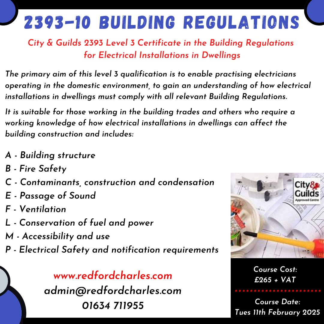 redfordcharles's tweet photo. Do you need a qualification to include #PartP (Electrical Safety and notification requirements)? Then you need to undertake the C&amp;G #2393-10 Building Regulations for Electrical Installations in Dwellings: https://t.co/GSzsZ2X7m2
