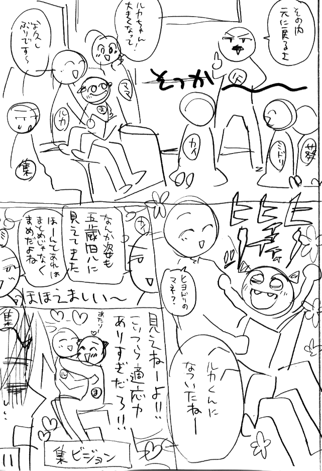 ネーム(漫画の絵コンテ)では顔をこんなふうに省略して描いています。誰が誰かわかるかな!? 