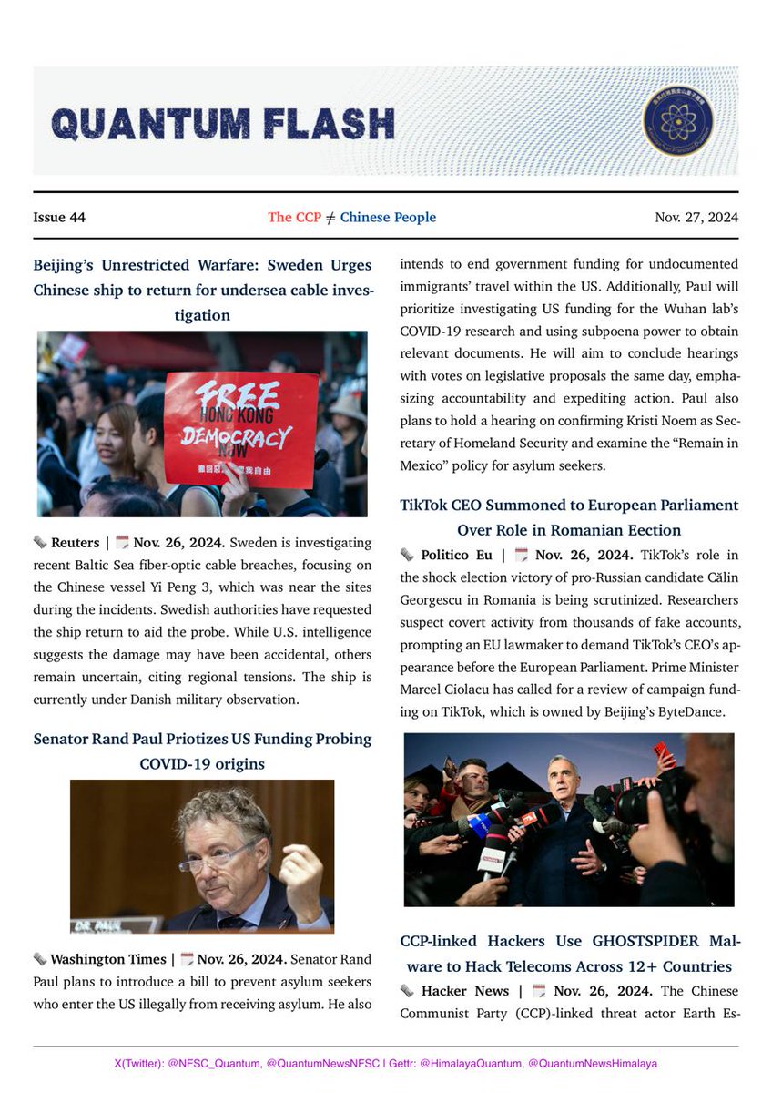 QuantumNewsNFSC's tweet photo. ⏰✨ Issue 44 🖍️ #QuantumFlash （Nov. 27, 2024） 💡📋🎙️

🇨🇳  🌊📡#Beijing #Geopolitics

🦠 🔬💰#COVID19Origins 

📱🇪🇺 #TikTok

🕵️‍♂️💻🌐#CCPHackers #GHOSTSPIDER

🎥 🩸🚨#HumanRights #StateOrgans

💰 📉🌍#HongKong #FinancialCrime

💉🔬⚠️#mRNAVaccines #PlasmidDNA

🌍🚀 Quantum Flash | https://t.co/eRoKYzbE2R
