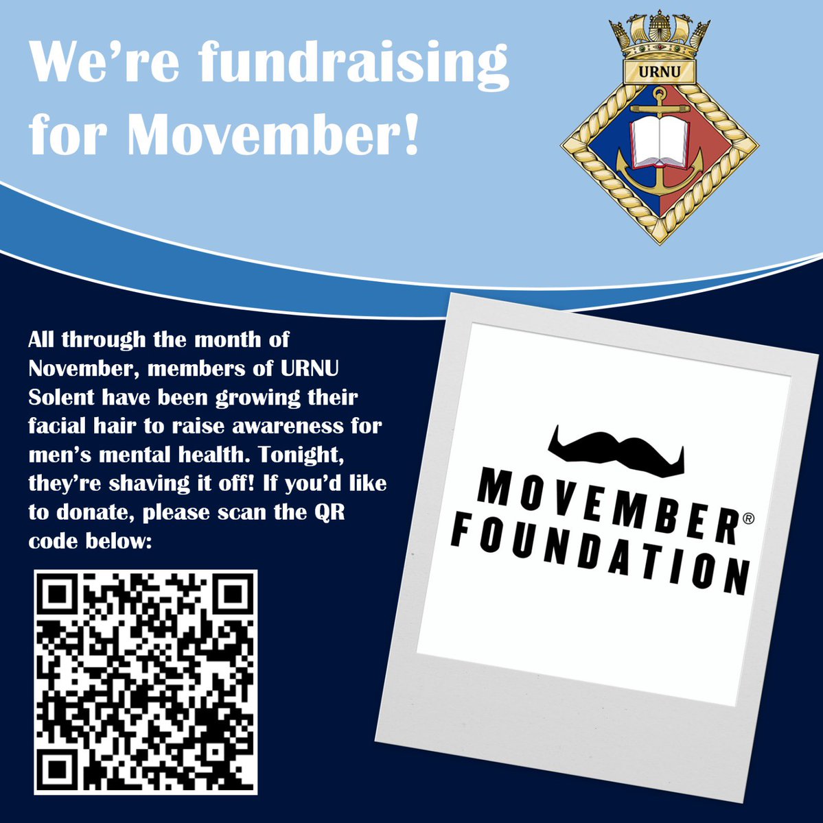 Check out our page for Movember, where our very own URNU Solent OCs have been working hard growing out their facial hair for tonight’s big shave! 
*
*
*
Can’t use the QR code? Don’t worry, here’s a link instead: movember.com/m/15358071?mc=1