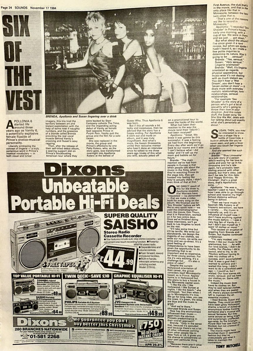 ZoundsAbound's tweet image. Andy Hurt tracks down
#ShockHeadedPeters, Sylvie Simmons meets @thecarsband with low expectations, but she’s pleasantly surprised, Tony Mitchell interviews the impressive #Apollonia6 post ‘Purple Rain’ &amp;amp; Garry Johnson has a good feeling about #Accent 

Sounds Nov 17th 1984