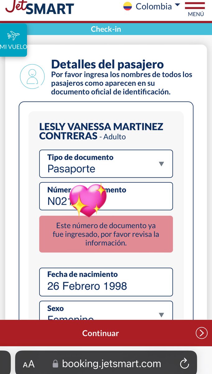httpsnouisx's tweet photo. @VuelaJetSMART Hola! Solicito apoyo para hacer un check in, coloco mi número de pasaporte en la web y me aparece esto, mi número está correcto 😢

¿Qué puedo hacer? https://t.co/wAAWJHFVHS