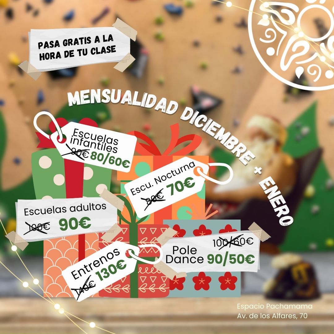 pachamamaspace's tweet photo. Se acercan las navidades y vienen fuertes 🎅❄️ en Espacio Pachamama seguimos entrenando y como cada año lanzamos la oferta Diciembre + Enero a PRECIO REDUCIDO 🎁🎄
Recuerda que la oferta es válida hasta el 15 de diciembre 💫✨
#espaciopachamama #escalada #rocodromo #climbing https://t.co/gP3fOK5DRk