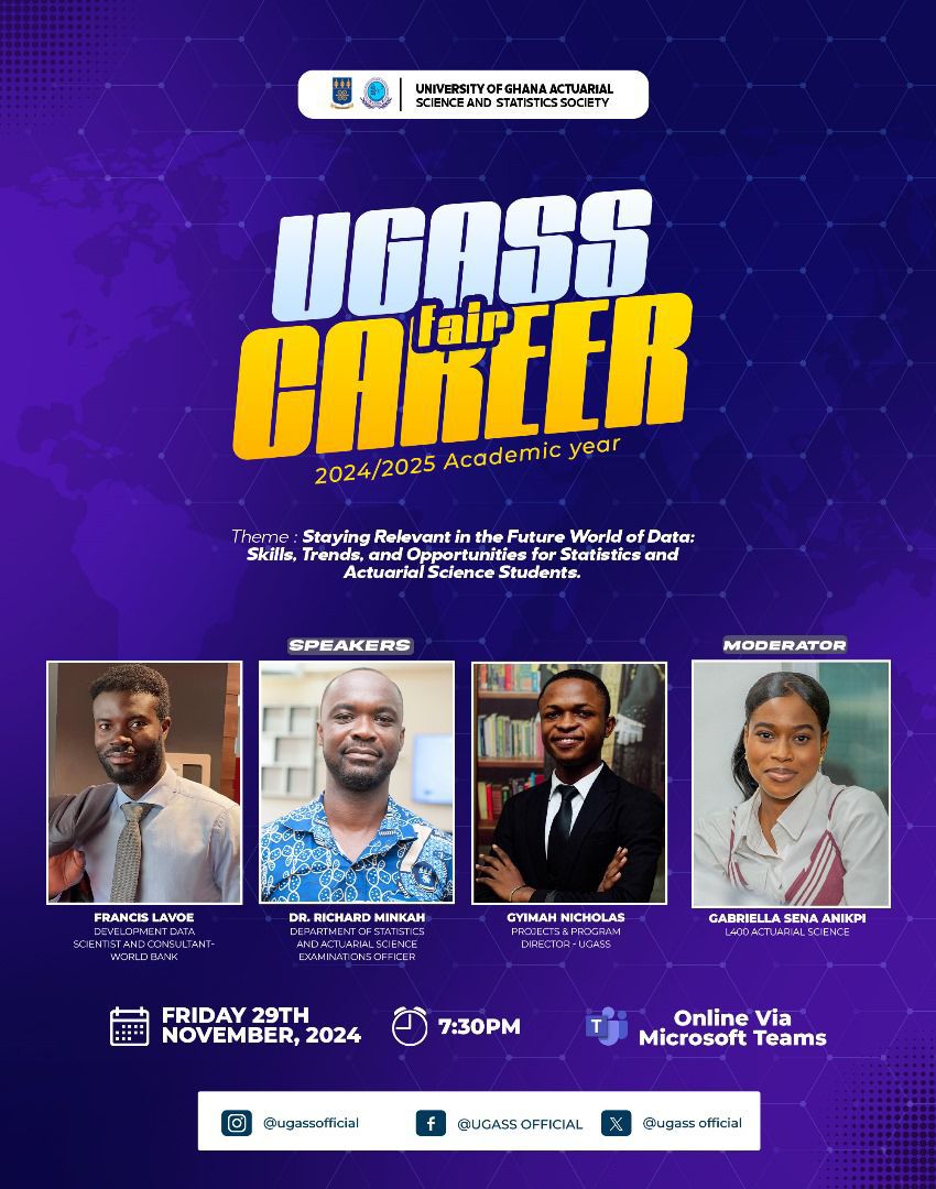 ugass_'s tweet photo. UGASS CAREER FAIR 2025 is finally here🤩!🤩🤩
Buckle up for our first webinar tomorrow, Friday 29th Nov at exactly 7:30pm featuring some amazing speakers.

Want to know more about how your p value and Confidence Interval are being used at the World Bank?
Then register asap. https://t.co/RghAZzNpWu