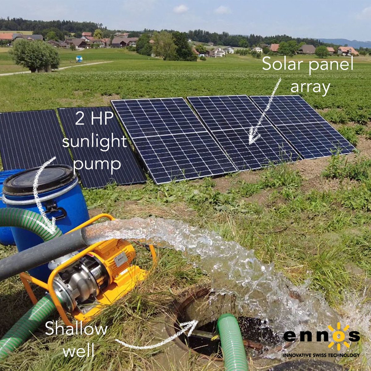 sunlightpump's tweet photo. Solar irrigation at its very best! 💦☀️ 
The 2 HP sunlight pump delivers enough water to irrigate up to 10 hectares using solar energy alone, without batteries. 

You can combine it with drip and sprinklers to make the best use of the water pumped from any shallow water source. https://t.co/N4A7GEhpf4