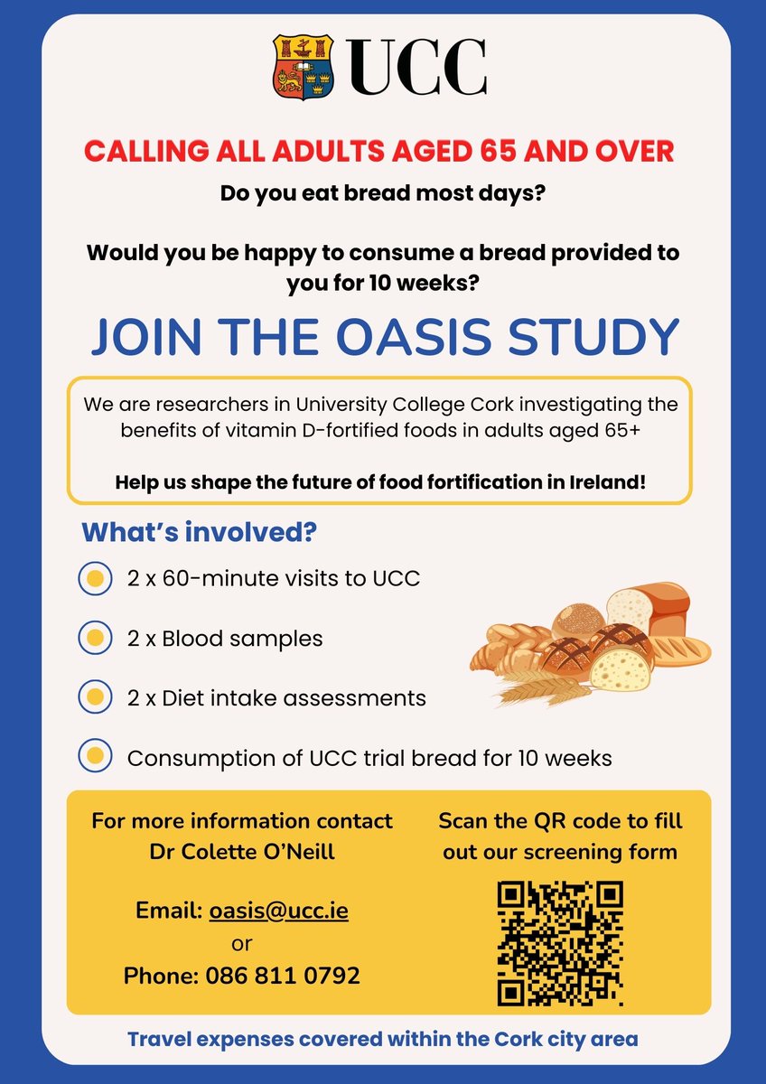 UCC School of Food and Nutritional Sciences (@fnsucc) on Twitter photo Are you 65+? Join the OASIS Study! Help us explore the benefits of vitamin D-fortified foods. Involves 2 visits to UCC, blood samples, diet assessments & 10 weeks of trial bread. Travel expenses covered within Cork city. Contact Dr Colette O'Neill at oasis@ucc.ie or 086 811 0792 Are you 65+? Join the OASIS Study! Help us explore the benefits of vitamin D-fortified foods. Involves 2 visits to UCC, blood samples, diet assessments & 10 weeks of trial bread. Travel expenses covered within Cork city. Contact Dr Colette O'Neill at oasis@ucc.ie or 086 811 0792