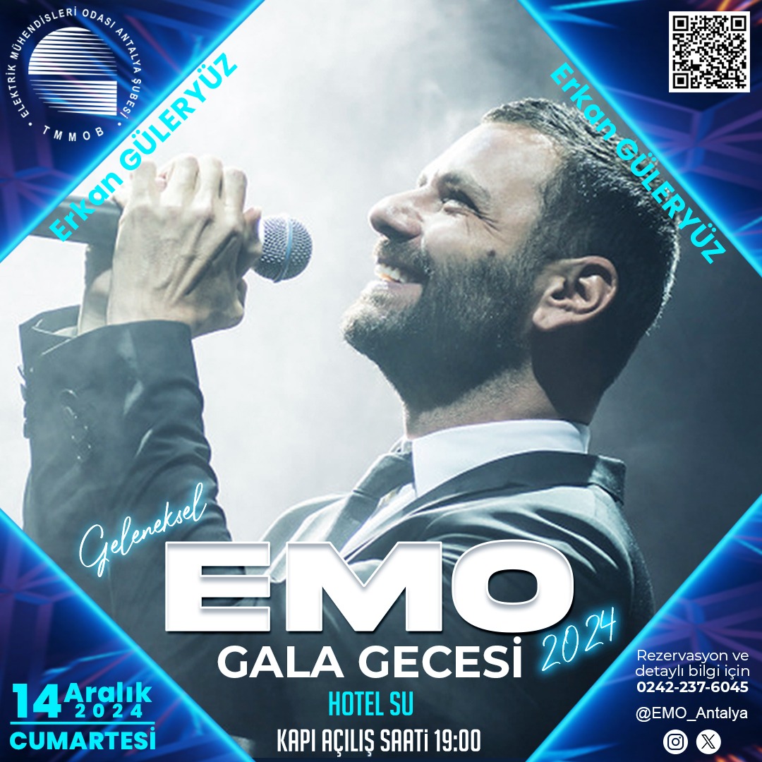 EMO Antalya Şubesi Geleneksel Gecesi 14 Aralık 2024 Cumartesi günü saat 19:00`da Hotel Su’da gerçekleşecektir. Sanatçı Erkan Güleryüz'ün şarkılarıyla eğleneceğimiz Geleneksel Gecenin rezervasyonu ve ayrıntılı bilgi için Şubemizle iletişime geçebilirsiniz.