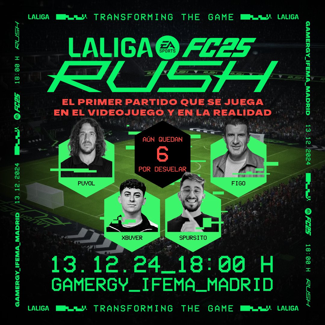 LaLiga's tweet photo. 🗓️ 13/12/24
⏰ 18:30
📍 @GAMERGY

⚽ @LuisFigo
⚽ @Carles5puyol
🌟 @1996Javi
🌟 @Spursito

🎮 El primer partido que se juega en el videojuego y en la realidad.

#LALIGAFCRUSH | @easportsfces