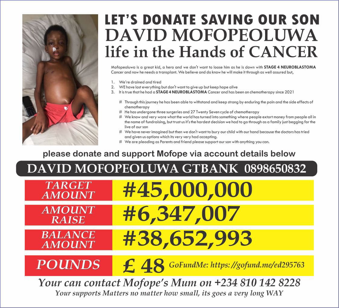 lollypeezle's tweet photo. RT 🙏

Over 500k was received yesterday from good Samaritans. May God continue blessing you all. 🙏🙏

The road is still long. Anything for David to receive his treatment. 🙏🙏🚨

He was diagnosed with Neuroblastoma Cancer. Please come through 🙏🙏

@DONJAZZY @mreazi @Pinovibes https://t.co/Va955ZNRe4