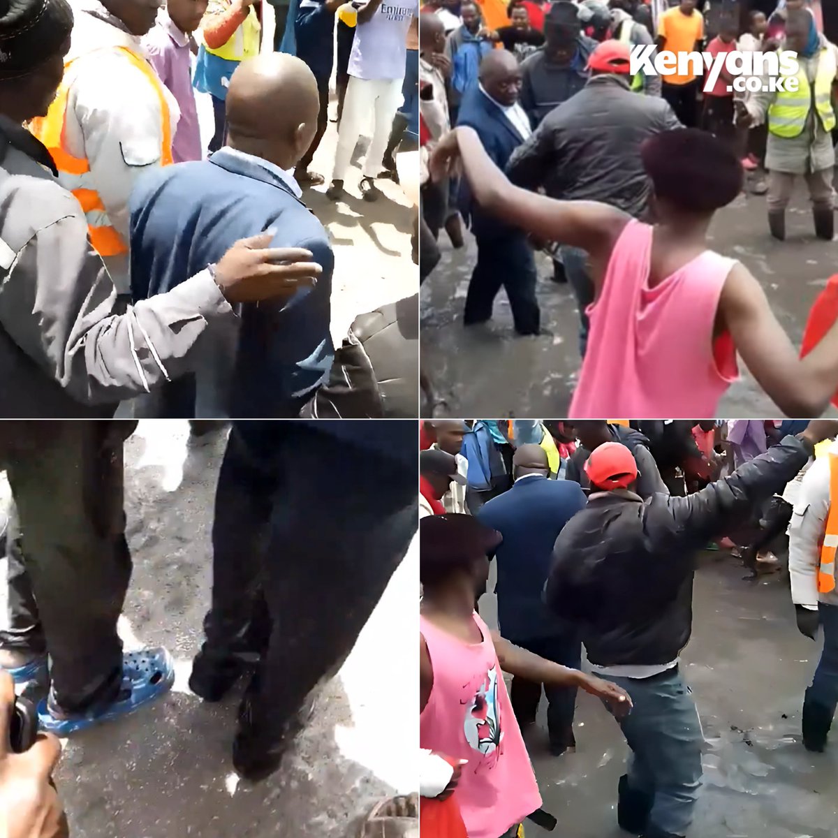 Kenyans's tweet photo. Syokimau MCA Daniel Mutinda forced to walk in mud and stagnant water by residents after being confronted over the poor state of roads in the area https://t.co/kTabjDPDJR