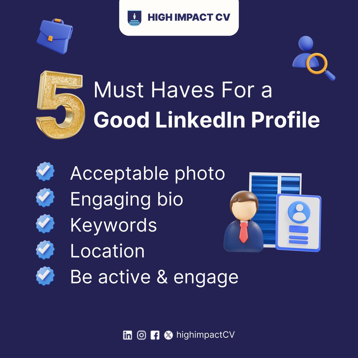 HighImpactCV's tweet photo. Here are 5 essential tips to boost your LinkedIn game!
Our professional advisors are here to save you the stress and to help action these tips and more on your LinkedIn profile.
Send us a DM to get your LinkedIn optimised today!
#LinkedInOptimisation https://t.co/ZRWWf7DzhG