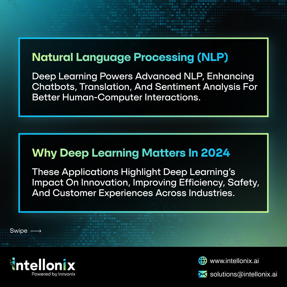 intellonix_ai's tweet image. Top Deep Learning Applications in 2025

- Autonomous Vehicles: Safer roads with smarter cars.
- Healthcare Diagnostics: Precision medicine for better outcomes.
- NLP: Smarter chatbots and seamless translations.

#DeepLearning2024 #AIApplications #TechInnovation