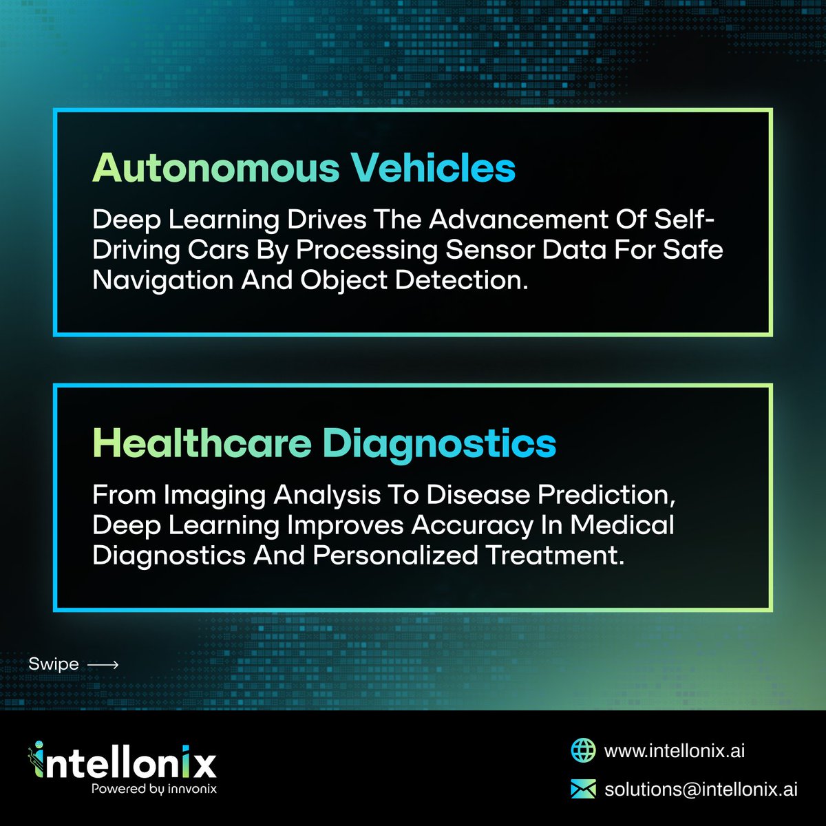 intellonix_ai's tweet image. Top Deep Learning Applications in 2025

- Autonomous Vehicles: Safer roads with smarter cars.
- Healthcare Diagnostics: Precision medicine for better outcomes.
- NLP: Smarter chatbots and seamless translations.

#DeepLearning2024 #AIApplications #TechInnovation