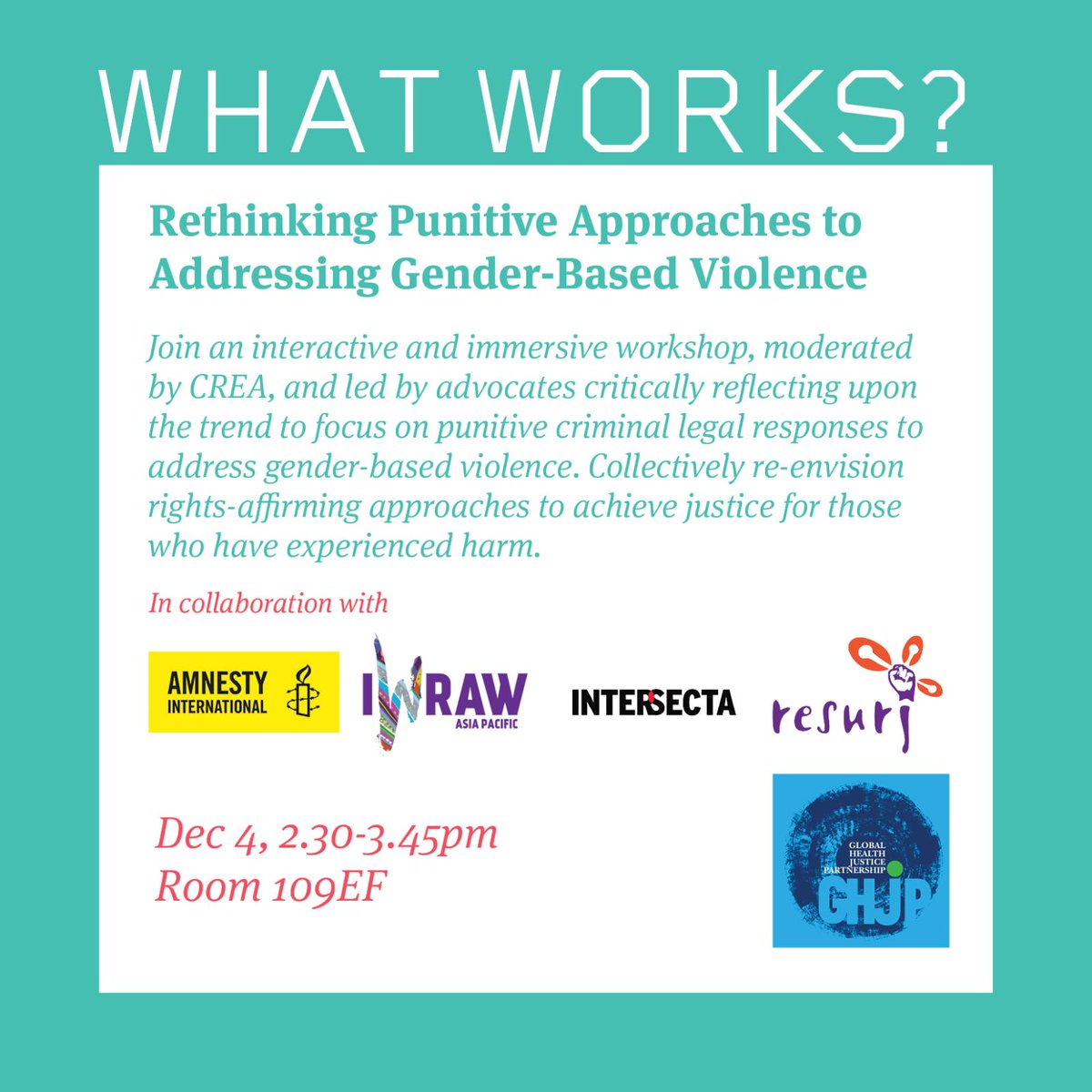 Join us for interactive and immersive workshop at the #AWIDForum as we critically reflect on the over-reliance on punitive responses to address GBV. 

Together, we’ll reimagine rights-affirming approaches that truly center justice and healing for those who have experienced harm.
