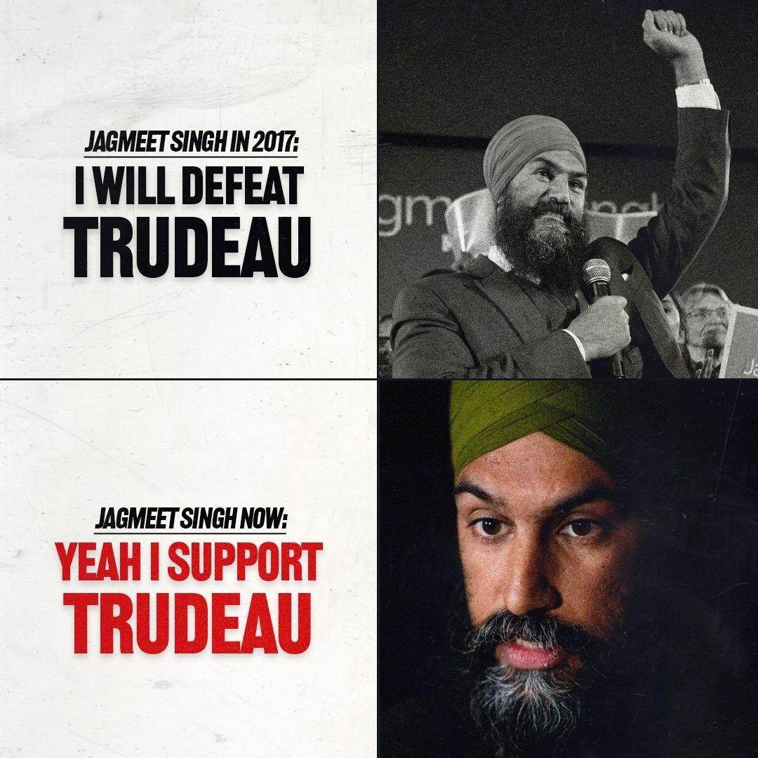PierrePoilievre's tweet photo. Jagmeet Singh betrayed Canadians by backing Trudeau's tax hikes, which made gas &amp; food more expensive.

He will never stand up to Trudeau because his pension matters more to him.

Workers can't trust the NDP. Sign here to call a carbon tax election: https://t.co/uh9m6h0N1e https://t.co/dTaIPnwKFl