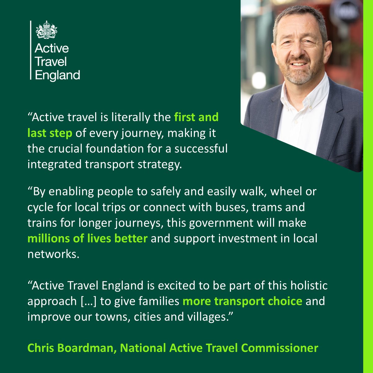 Active Travel England (@activetraveleng) on Twitter photo We're working with <a href="/transportgovuk/">Department for Transport</a> to deliver the Integrated National Transport Strategy, helping to give everyone more transport choice. Read <a href="/Chris_Boardman/">Chris Boardman CBE</a>'s statement below: 👩🦽🚶🚲 We're working with <a href="/transportgovuk/">Department for Transport</a> to deliver the Integrated National Transport Strategy, helping to give everyone more transport choice. Read <a href="/Chris_Boardman/">Chris Boardman CBE</a>'s statement below: 👩🦽🚶🚲