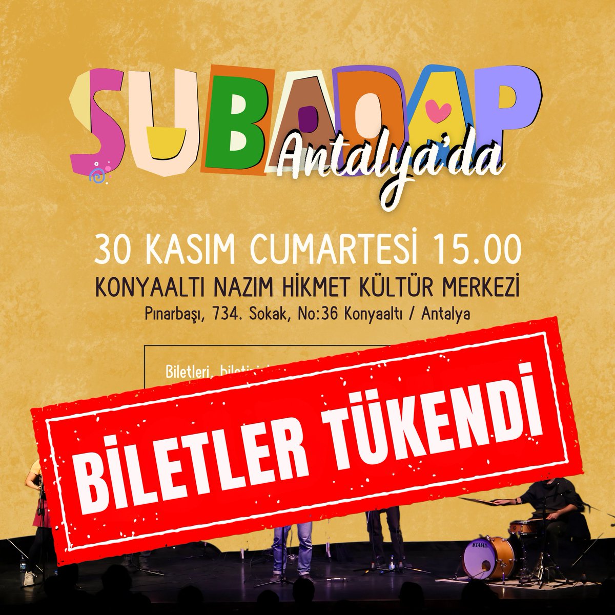 Antalya biletleri tükendi. İlginiz için teşekkür ederiz 😊🌼 

#şubadap #şubadapçocuk #antalya #çocukmüziği #çocukşarkıları