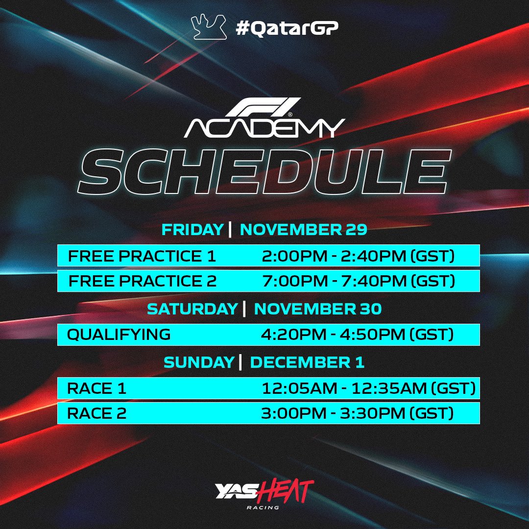 YAS Heat Racing (@yasheatracing) on Twitter photo #F1Academy is back in action! Round 5 takes us to the #QatarGP this weekend. ๐
Check out the schedule and let's cheer on our #YasHeatRacing stars, <a href="/HamdaalqubaisiO/">hamdaalqubaisi_official</a> and <a href="/Amna_Alqubaisii/">Amna Al Qubaisi ๐</a> , before they return to their home turf for the final round at the #AbuDhabiGP! ๐ฅ #F1Academy is back in action! Round 5 takes us to the #QatarGP this weekend. ๐
Check out the schedule and let's cheer on our #YasHeatRacing stars, <a href="/HamdaalqubaisiO/">hamdaalqubaisi_official</a> and <a href="/Amna_Alqubaisii/">Amna Al Qubaisi ๐</a> , before they return to their home turf for the final round at the #AbuDhabiGP! ๐ฅ