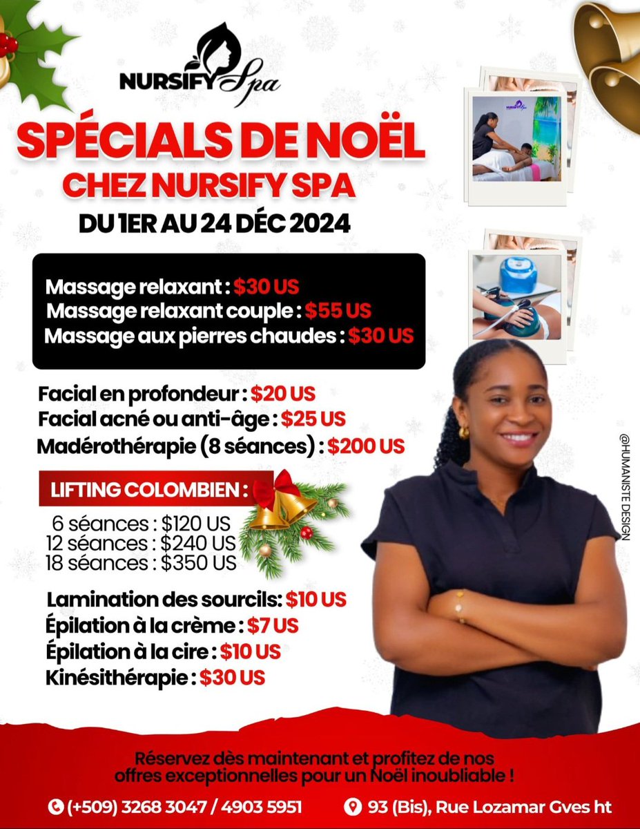 Kaly973's tweet photo. 🎄✨ *Nos Spécials de Noël chez Nursify Spa !* ✨🎁
*Le premier salon spa des Gonaïves vous invite à vivre une expérience unique de détente et de beauté cette saison festive.*
💆♀️ Massages relaxants pour une détente absolue.
#NursifySpa #GonaïvesHaiti https://t.co/QqTzabcTaT