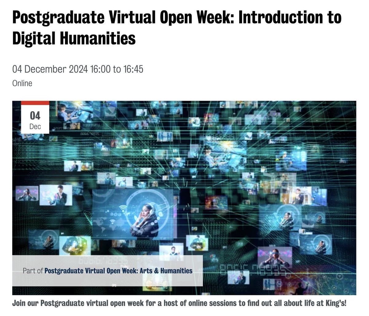 kingsdh's tweet photo. Join our Postgraduate Virtual Open Week online event on 4 December to find out more about our Digital Humanities master’s courses: https://t.co/8FtDInO7wl #Postgrad #DigitalHumanities #DH #DigitalMedia https://t.co/l0BfthTMFy